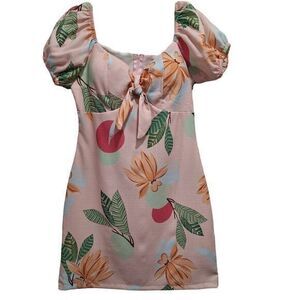 Women's Pink Tropical Floral Print Mini Dress With Bow Front Size Medium